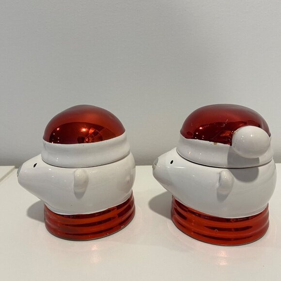 Christmas Polar Bear Ceramic candle holders With Santa Hat Lids or small candy j - Picture 2 of 16